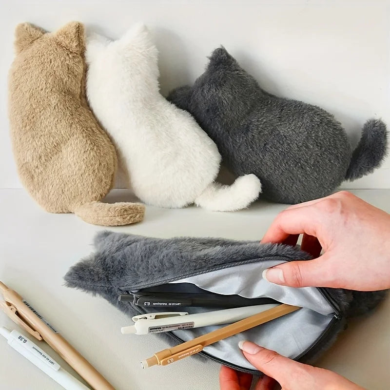 Cute Plush Cat Shaped Pencil Case Large Capacity Stationery Storage