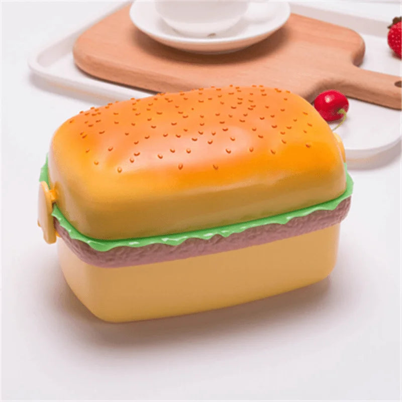 Hamburger Lunch Box Double Tier Cute Burger Bento Box Microwave Food Container Fork Tableware Set Zpaxo Orange