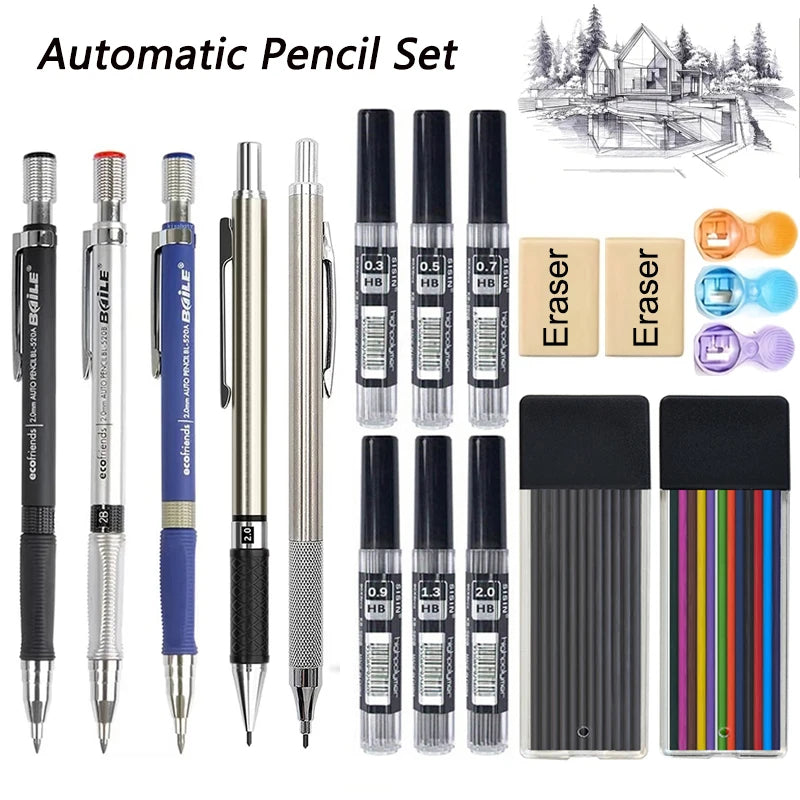 Anti Slip Mechanical Pencil Set 2.0mm with 2B Black/Color Lead Refill Eraser Activity Automatic Pencil Drawing Sketching Writing Zpaxo