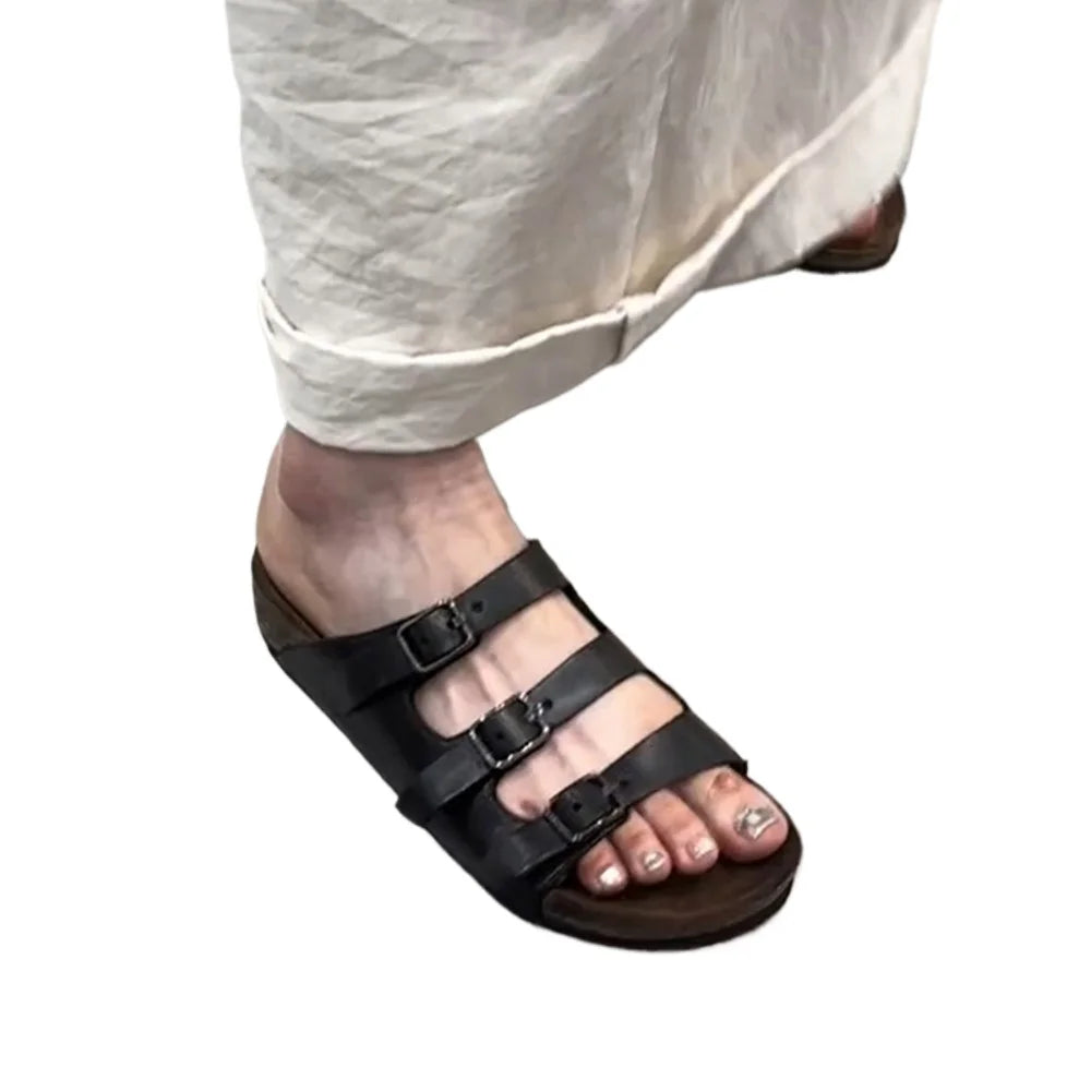 Slip-on Belt Buckle Big Head Thick Heel Slippers Women's Black Retro Genuine Leather Square Toe Slippers Zpaxo