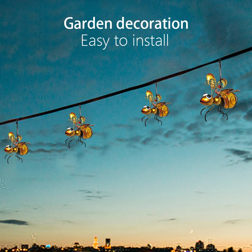 Metal Solar Bees Lantern Garden Decor LED Hanging Dragonfly Light