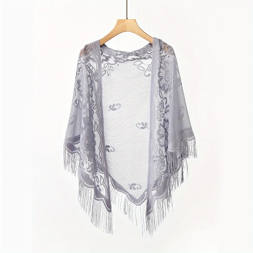 Women's Lace Tassel Triangle Shawl – Wedding & Beach Wrap Lace Shawl Wrap Zpaxo GRAY