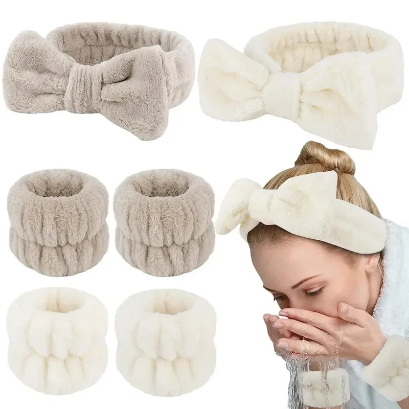 Coral Fleece Face Wash Headband & Wristband Set for Women
