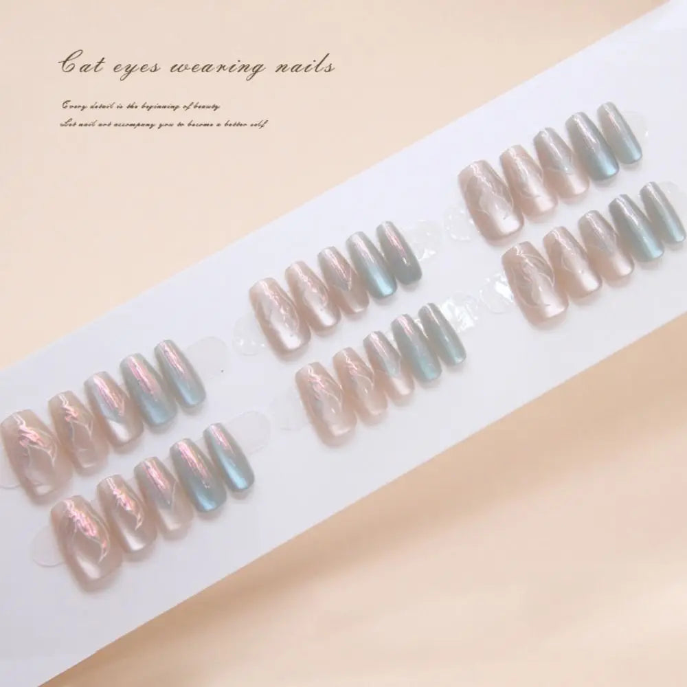 24pcs Long Square False Nails French Shining Cat Eye Fake Nails Full Cover Press on Nails Nail Tips Zpaxo