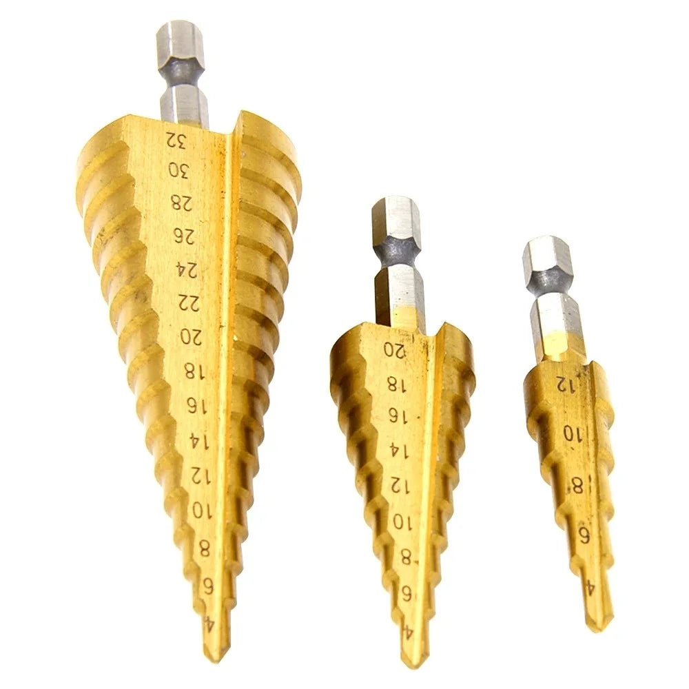 3-Piece Titanium Step Drill Bit Set – 3-12, 4-12, 4-20mm Hex Step Drill Bit Set Zpaxo 1 Set