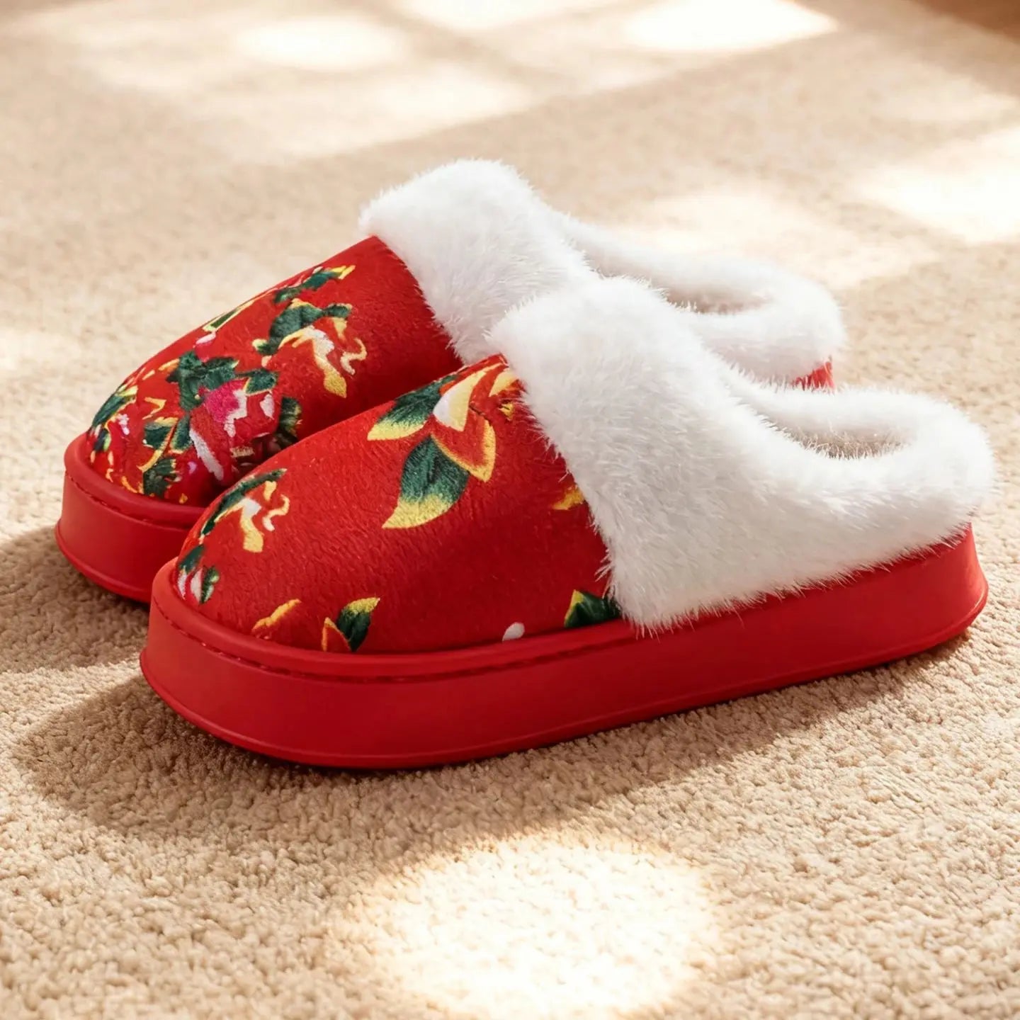 Chinese Traditional Floral Warm Slippers Winter Plush Lined Non-slip