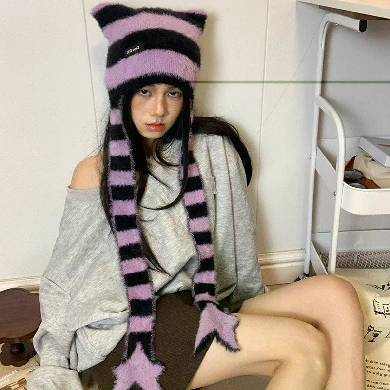 Y2k Subculture Girl Sweet Cool Hat Star Striped Plush Knitted Zpaxo