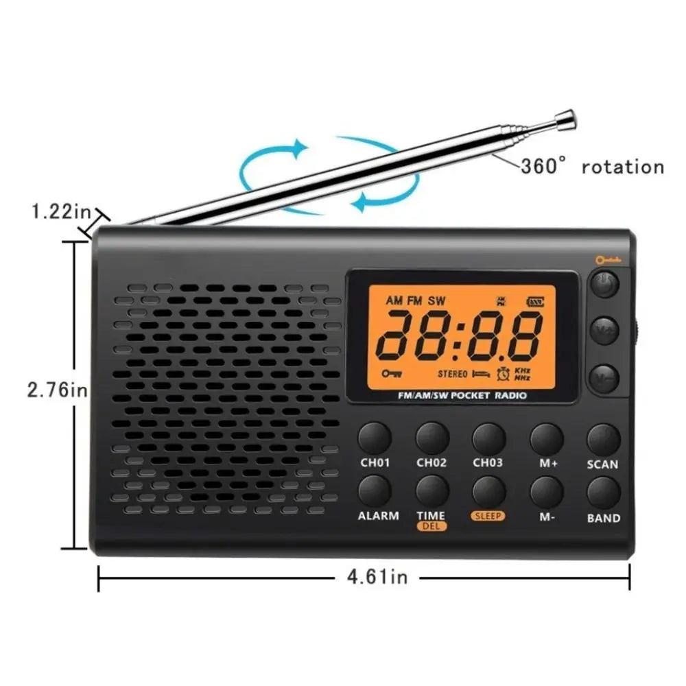 AM/FM/SW Shortwave Radio Handheld Battery Operated Stereo Radio Receiver Alarm Clock Retractable Antenna 3-Band Radio Walking Zpaxo