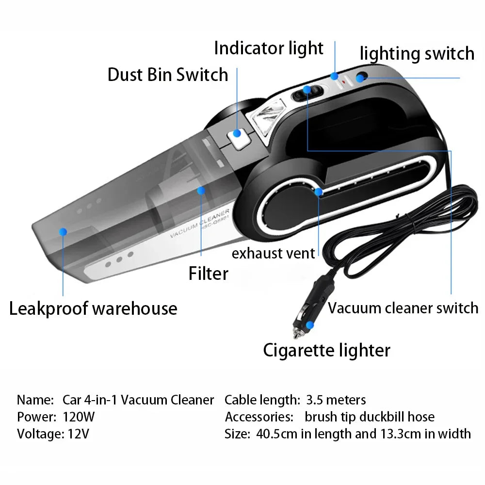 Car Mounted Vacuum Cleaner Car Inflation Pump Handheld High Suction Dry and Wet Dual purpose Four in One Vacuum Cleaner Zpaxo