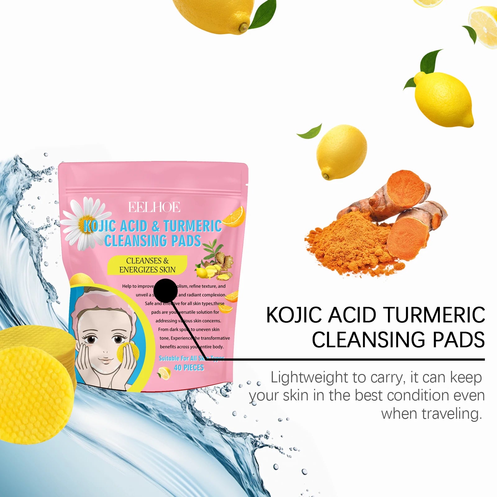 Turmeric Kojic Acid Cleansing Pads 40pc – Fade Dark Spots Exfoliating Cleansing Pads Zpaxo