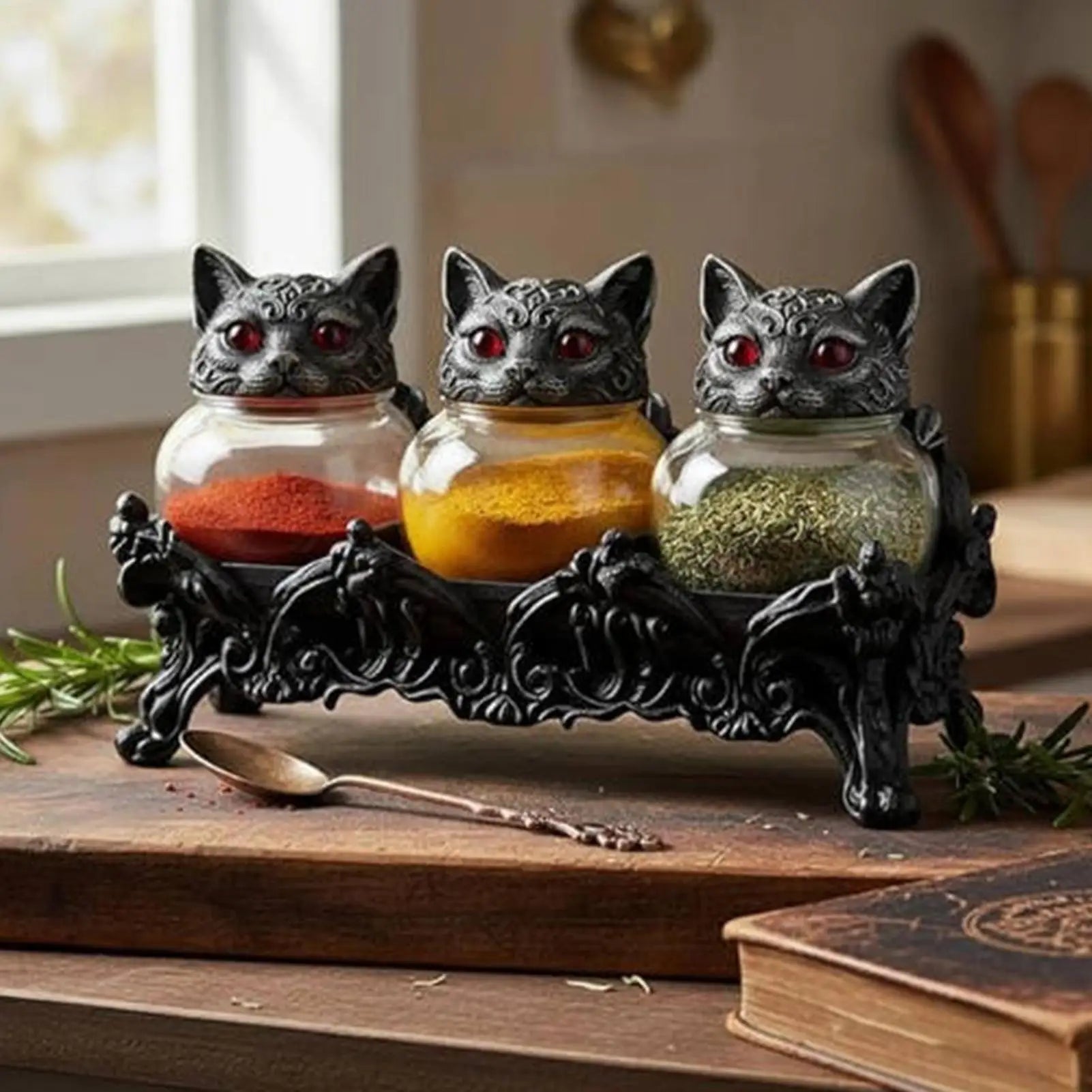 Glass Jar 3 Piece Cat Head Airtight Gothic Tea Containers seasoning Jars with Lids for Salt Pepper Tea Leaves Kitchen Dining Zpaxo
