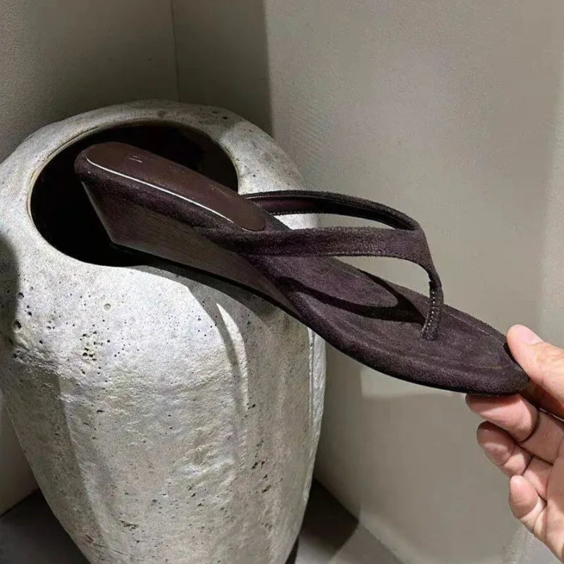 Women's Fish Mouth Clip-toe Comfortable Solid Wedge Heel Slippers Zpaxo Brown 36