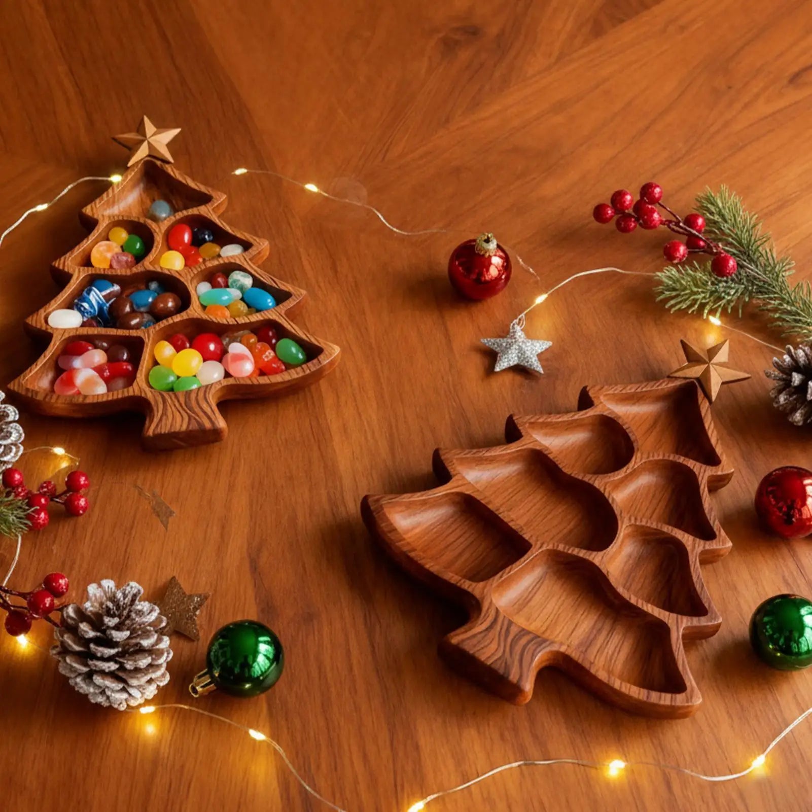 Christmas Tree Charcuterie Board Wooden Divided Food Tray Cheese