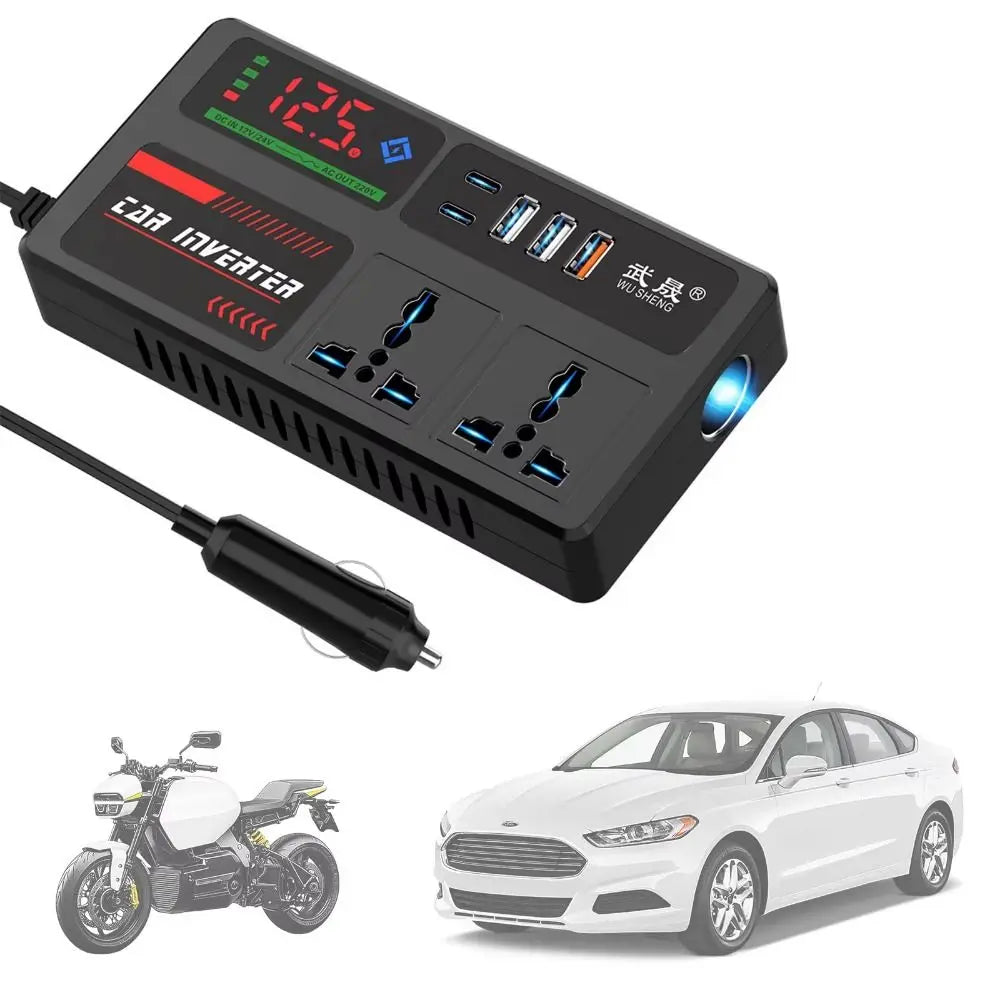 DC 12V/24V to AC 220V Car Inverter Power Adapter Digital Display Double Type-c Car Converter QC3.0 3 USB Ports Car Power Adapter Zpaxo