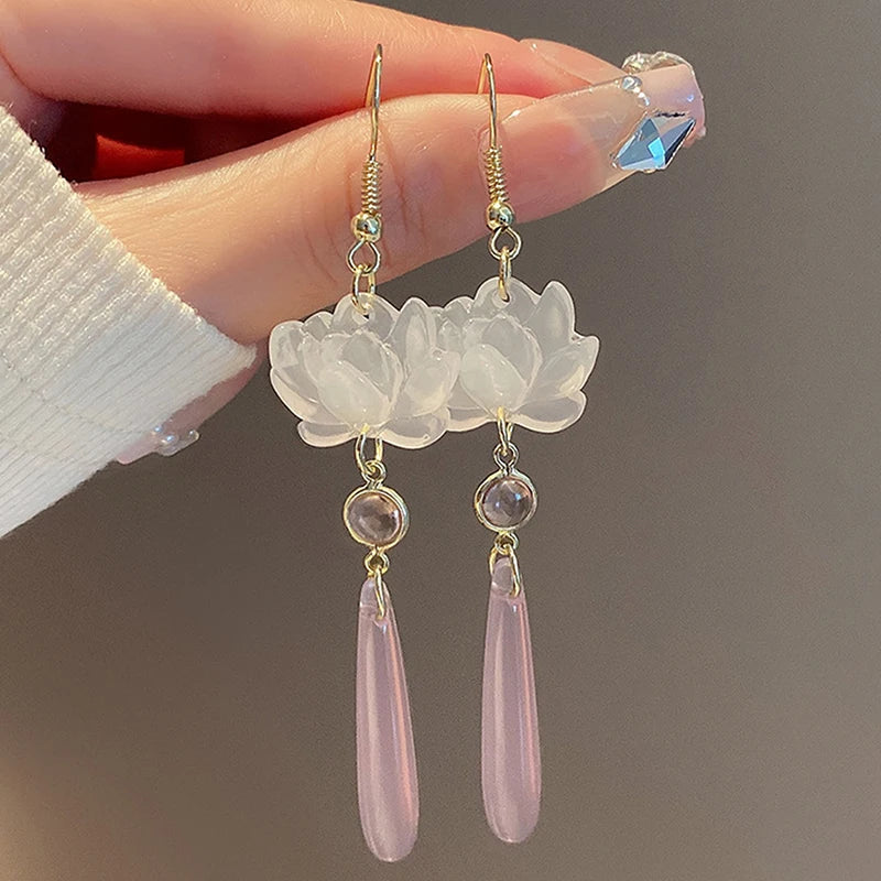 Chic Chinese Inspired Lotus Pendant Tassel Earrings Women Zpaxo