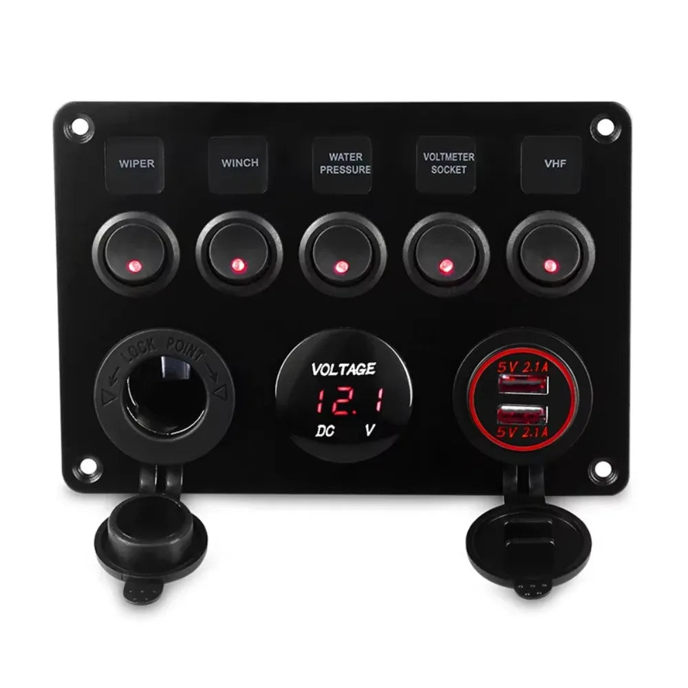 Red/Green/Blue Lights 5 Gang Switch Panel Dual USB Socket Waterproof Inline Fuse Box 12V/24V Digital Voltage Display Zpaxo Red Light