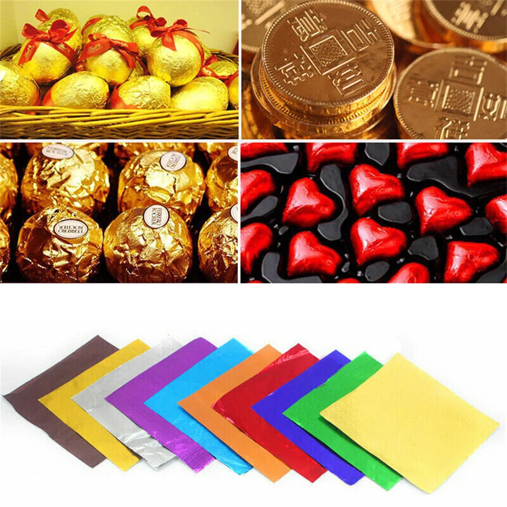 100-Pack Aluminum Foil Candy Wrapping Sheets – 8x8cm, 9 Colors