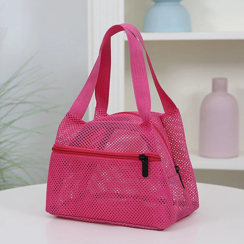 Solid Color Fashionable Mesh Travel Handbag, Spacious Cosmetic and Toiletry Storage Zpaxo Rose red