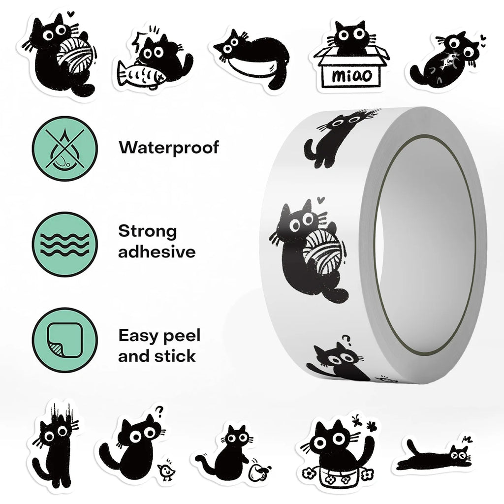 500PCS/Roll Cartoon Black Cat Graffiti Roll Stickers Pack Gift Sealing Stickers Decorative Luggage Notebook Waterproof Sticker Zpaxo