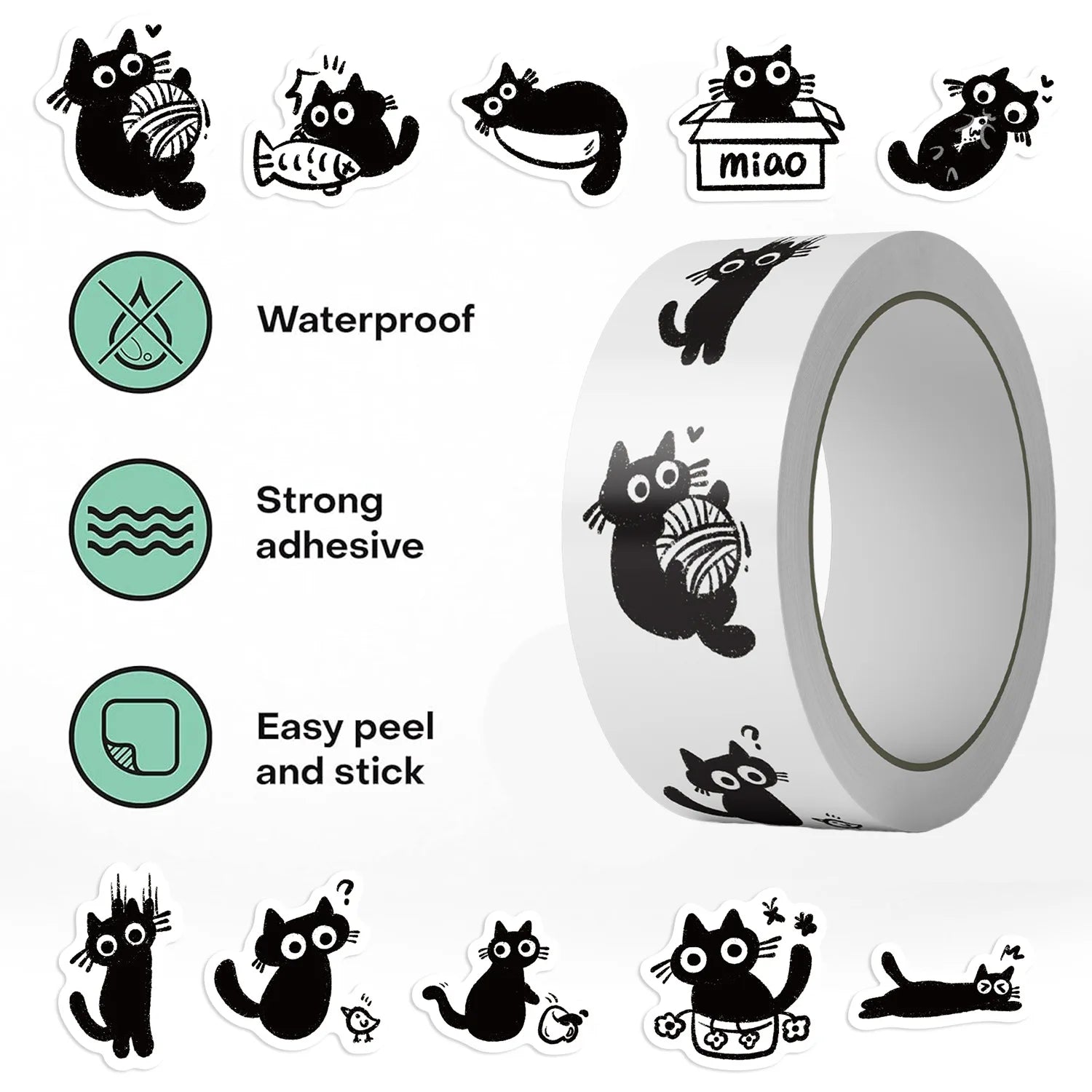 500PCS/Roll Cartoon Black Cat Graffiti Roll Stickers Pack Gift Sealing Stickers Decorative Luggage Notebook Waterproof Sticker Zpaxo