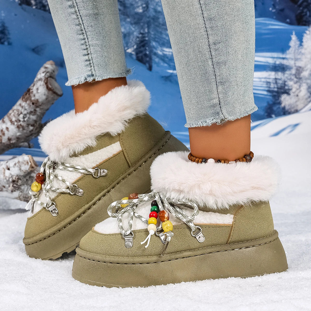 2025 Winter Ankle Boots Women Platform Shoes Antiskid Waterproof Ski Boots Luxury Fluffy Furry Fur Boots Woman's Ankle Booties Zpaxo green 37