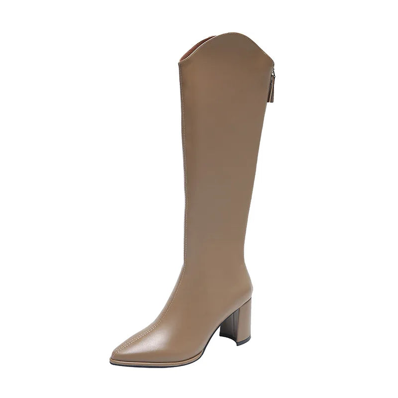 Women Boots Zipper Thick Heels Simple Autumn Winter Knee Zpaxo Milk tea plus velvet 43 China Mainland