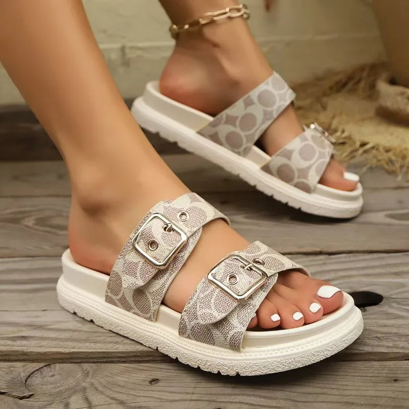 Women's Comfortable Vintage Double Buckle Strap Thick Sole Slippers Zpaxo