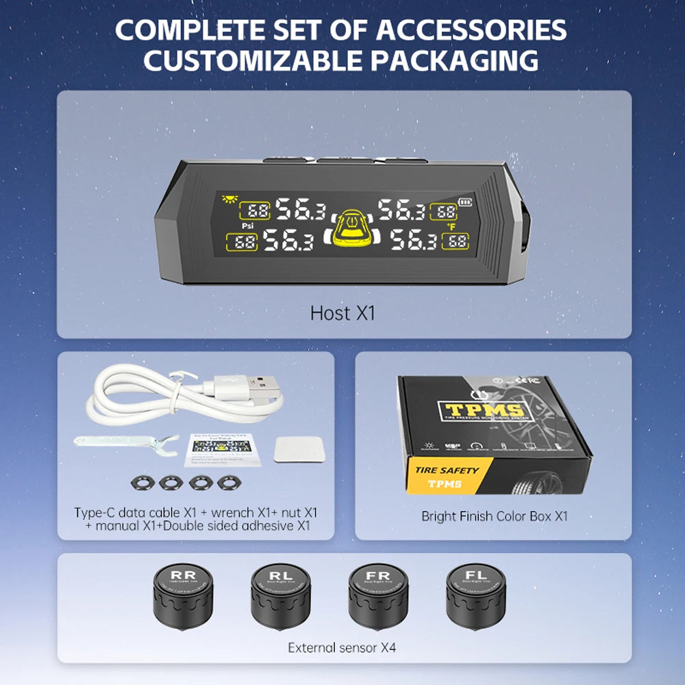 0-6 8Bar 4 External Sensors Digital LCD Display USB Solar TPMS Tyre