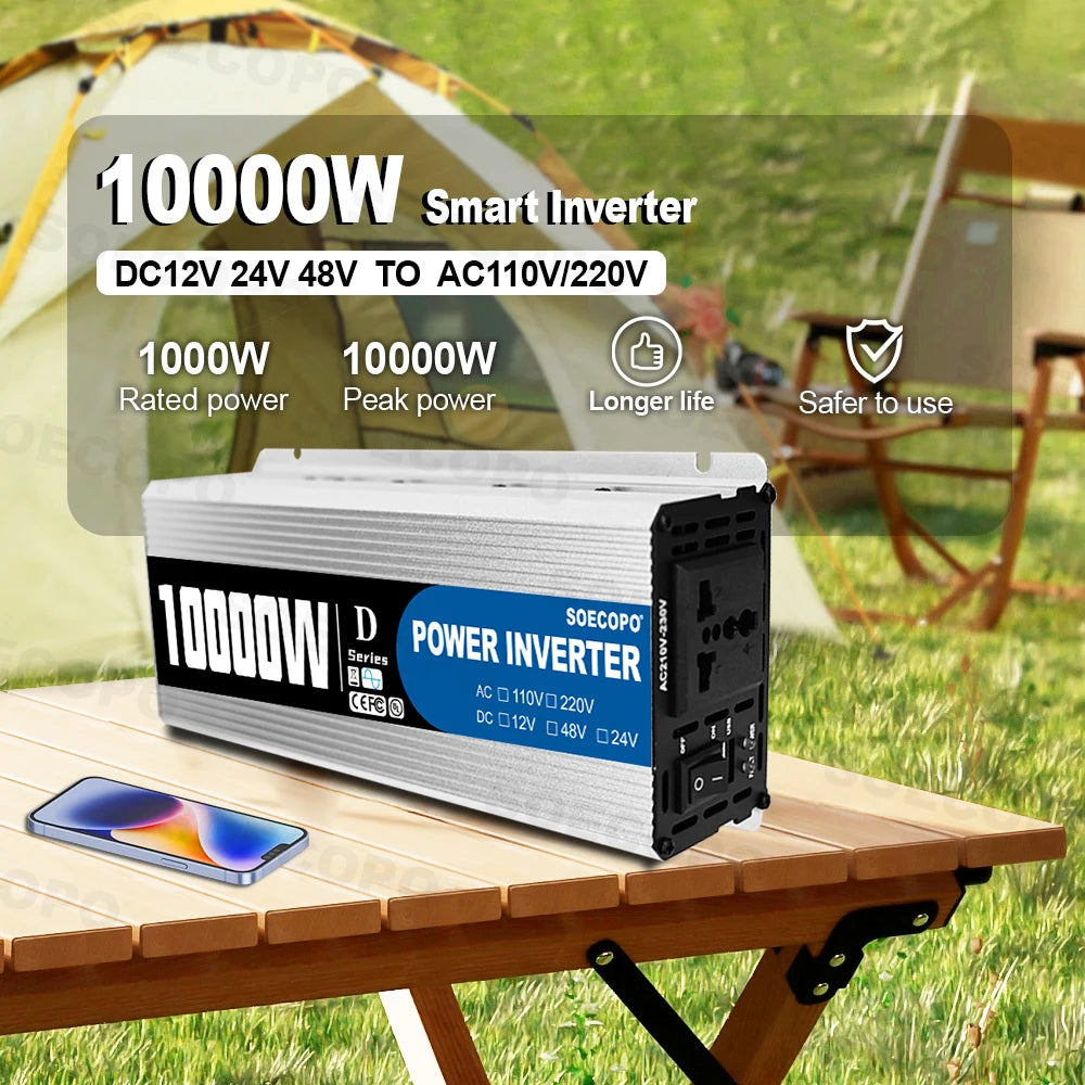 10000W Peak Power Inverter DC 12V/24V/48V to AC 110V/220V with Universal Socket & USB Ports LCD Display Smart Fan for RV Camping Zpaxo