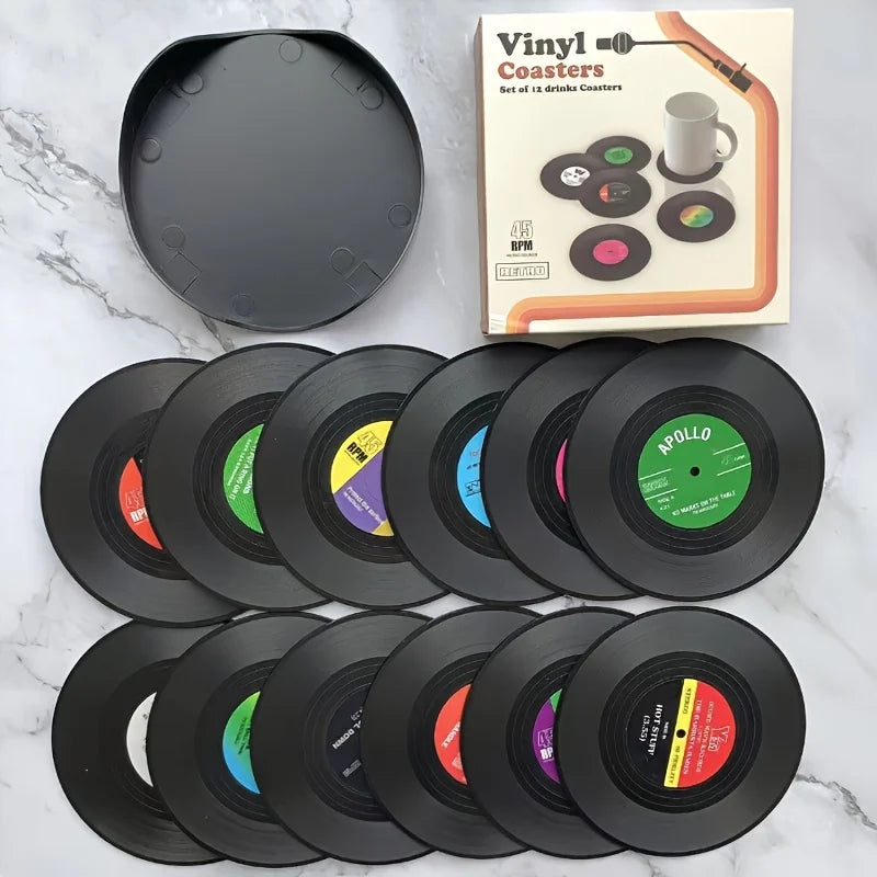 12-Pack Vinyl Record Coasters – Non-Slip Retro Music Cup Mats