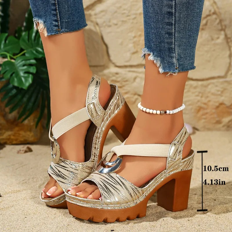 Women's Heel Sandals Summer Snake Print Square Gladiator Shoes