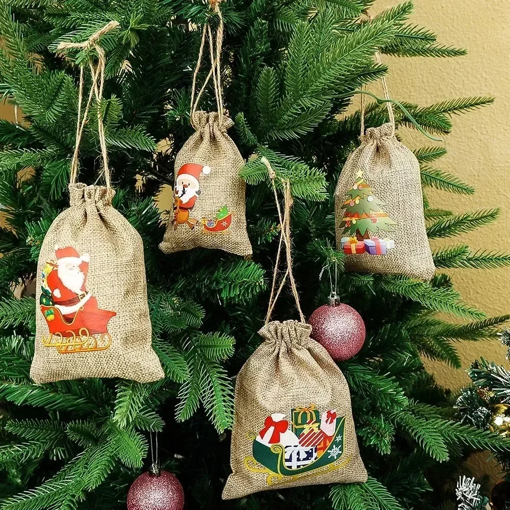 6PCS Christmas Linen Drawstring Bags Candy Biscuits Pouchs Burlap Bracelet Jewelry Storage Bags Xmas Kids Gift Packaging Bags yu Zpaxo