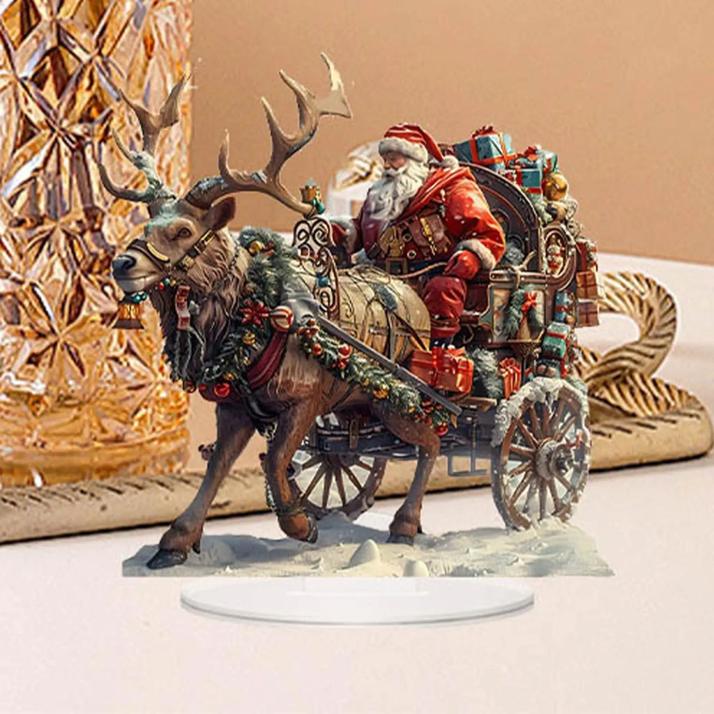 Santa Sleigh Reindeer Figurine 2D Acrylic Table Decor Deer Home Party