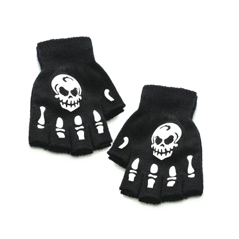 Halloween Skull Fingerless Gloves – Punk Half-Finger Kids & Adult