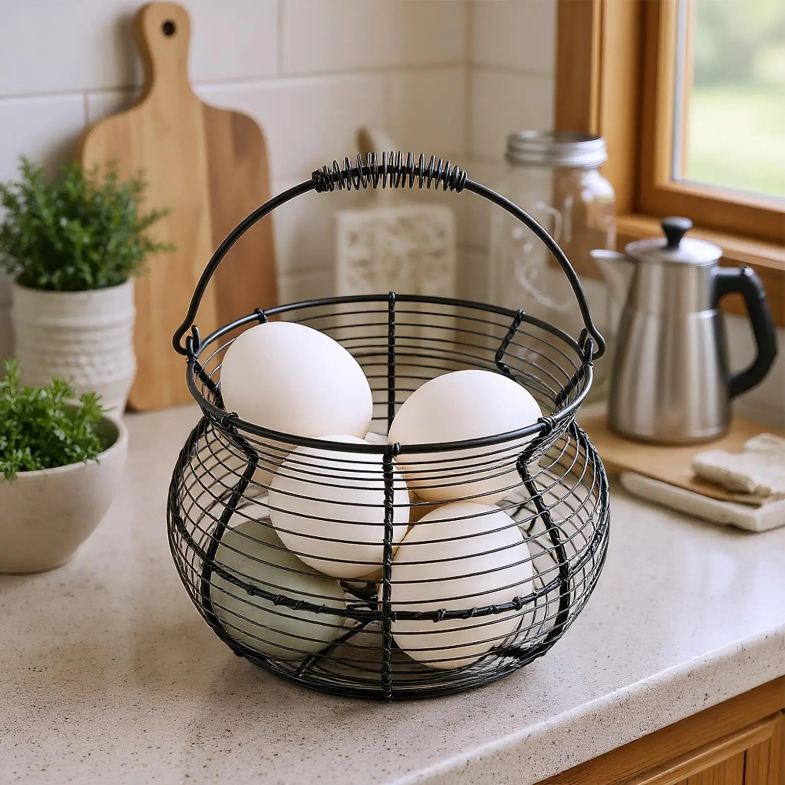 Small Egg Basket Vintage Woven Storage Stand Handle Counter Holder