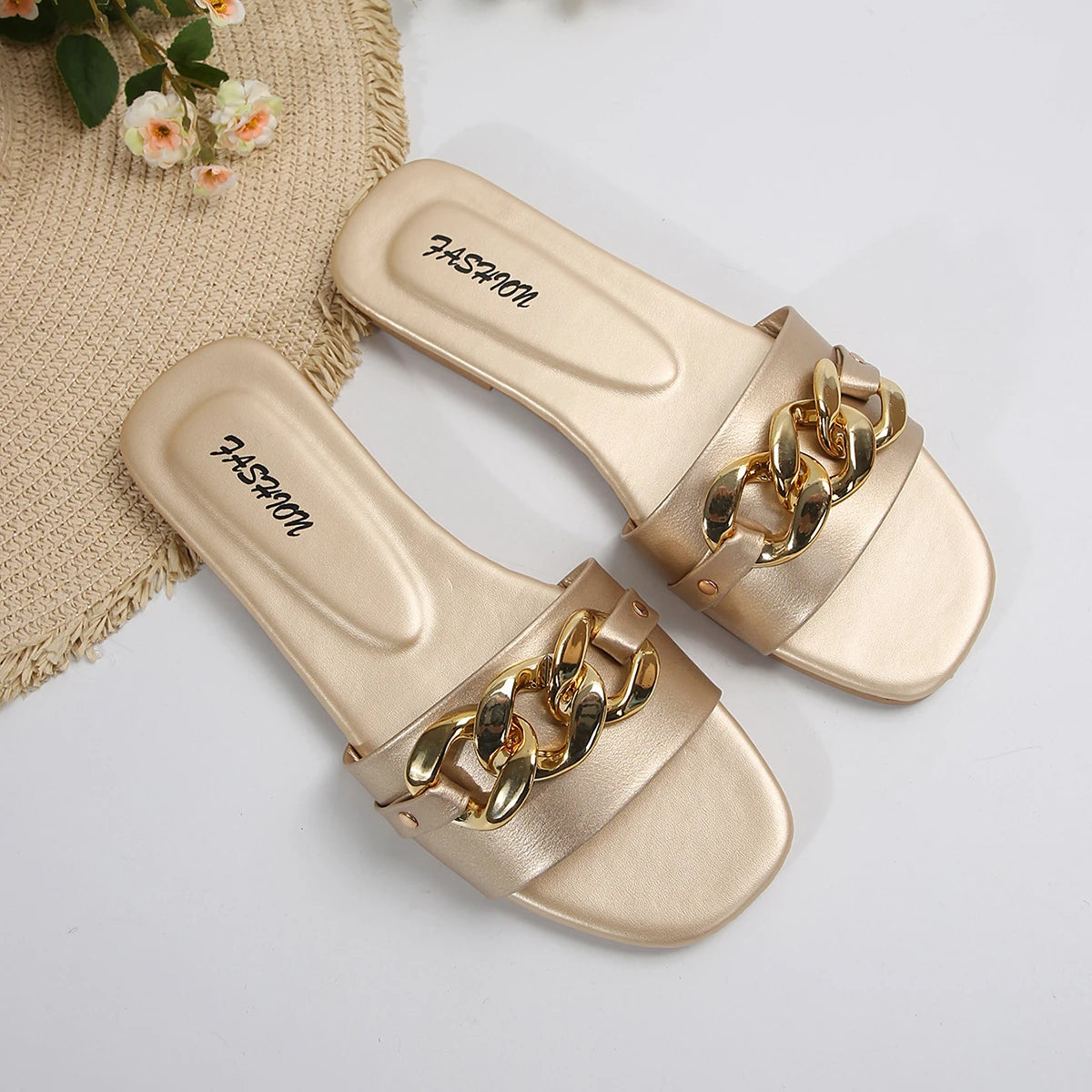 Women Slippers 2026 Chain Flat Home Slippers Summer Style Casual Comfortable Women Shoes Slip-Ons Holiday Sandals Slides Women Zpaxo Khaki 43