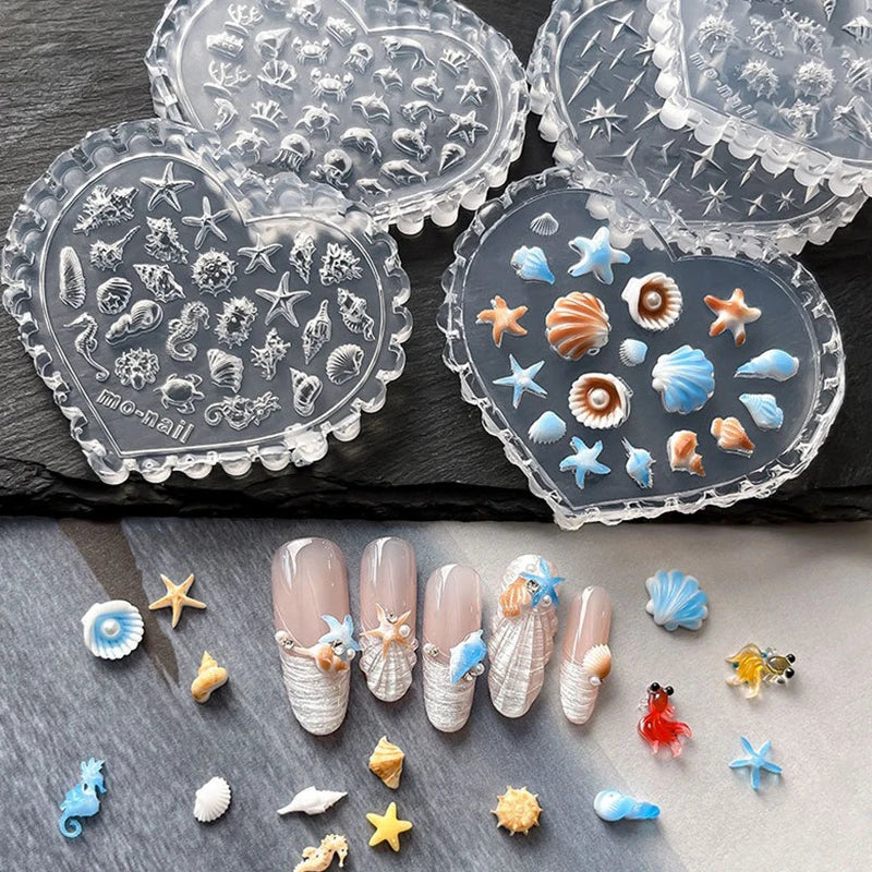 Ocean Series Silicone Nail Art Mold Shell Starfish Goldfish Conch Carving Template Transparent DIY Love Manicure Template Tool Zpaxo