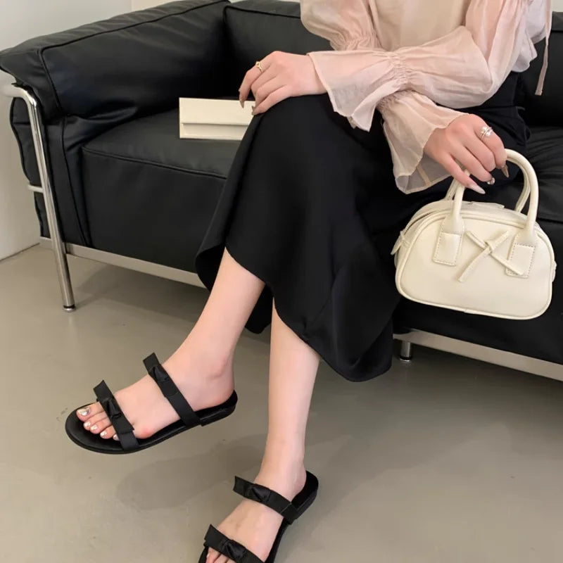 Sandals Women French Flat Shoes for Women's Outdoor Spring/summer 2025 New Toes Bow Half Slippers Ladies Shoes Zpaxo
