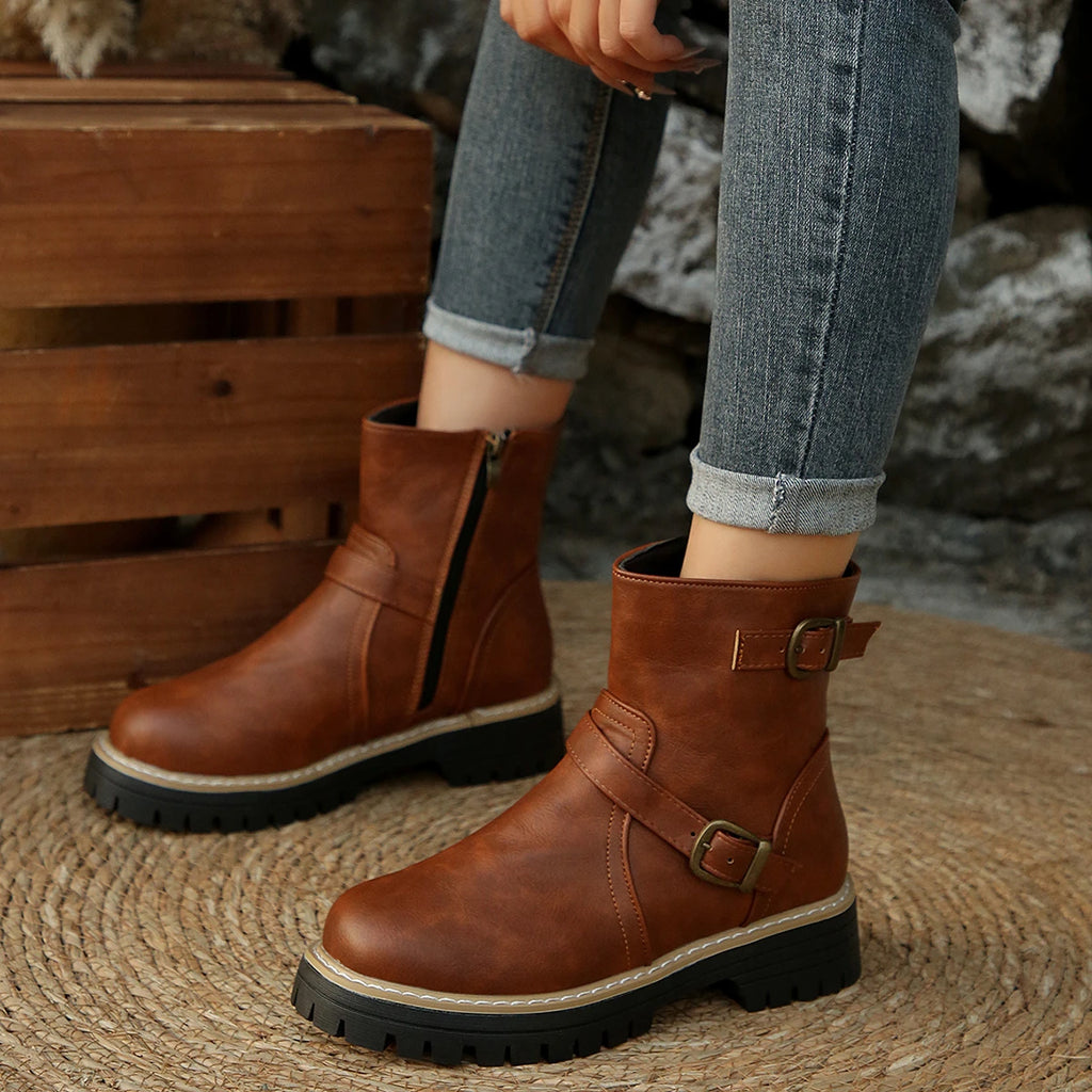 2025 New Women Ankle Boots Thick Bottom British Style Short Boots Women Round Toe Knight Boots Warm Resistant Medium Heel Shoes Zpaxo