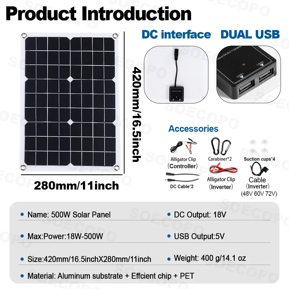 SOECOPO 20000W Complete Solar System Set 500W Solar Panel, Inverter(2 Sockets) 12V/24V 110V/220V, 100A Controller Home, Camping Zpaxo