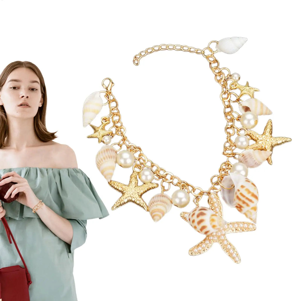 Gold Metal Starfish Conch Charm Women Bracelet Imitation Pearl