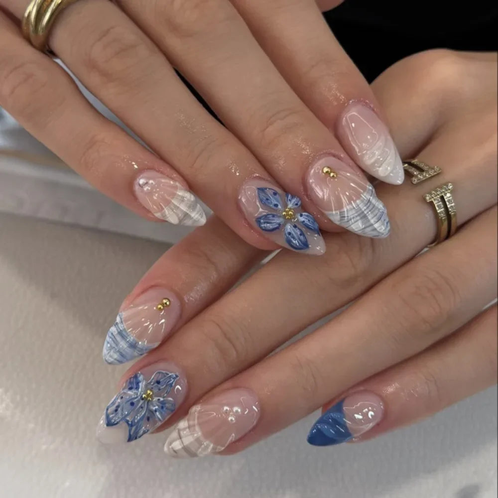 24pcs Long Almond False Nails French Leopard Star Press on Nails Fake Nails DIY Manicure Detachable Nail Tips Zpaxo JP3906