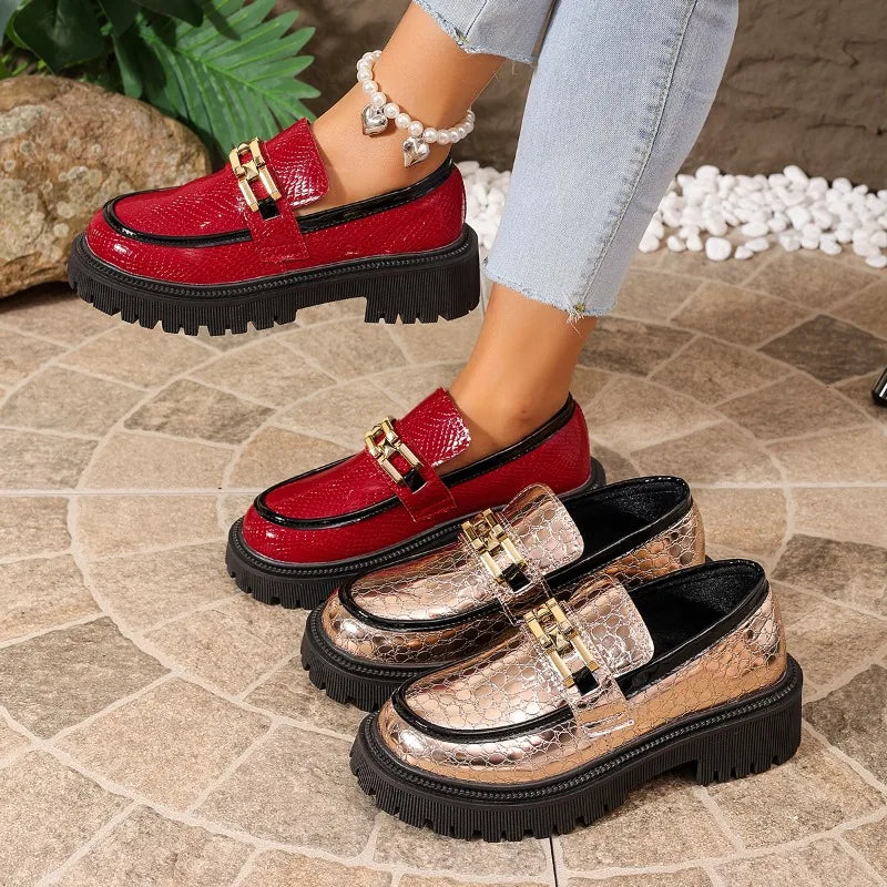Metal Buckle Embellishment Spring Autumn Women Round Toe Comfortable Zpaxo