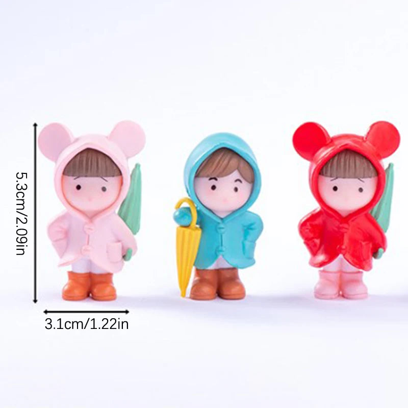 1＆4PC Umbrella Raincoat Girl Boy Figure Decor Pvc Craft Figurine Decor Miniature Fairy Garden Ornament Pendant DIY Accessory Zpaxo