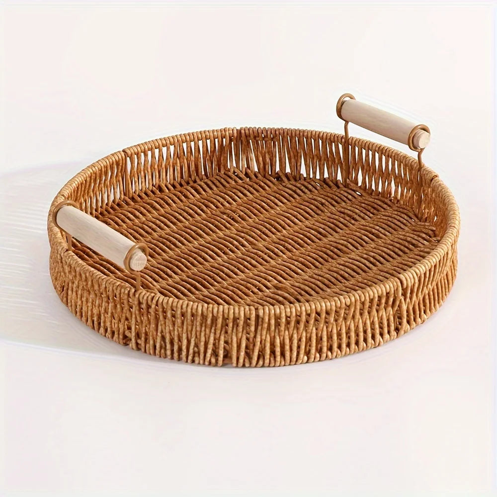 1 Round Handmade Woven Plastic Rattan Storage Basket Wooden Handle