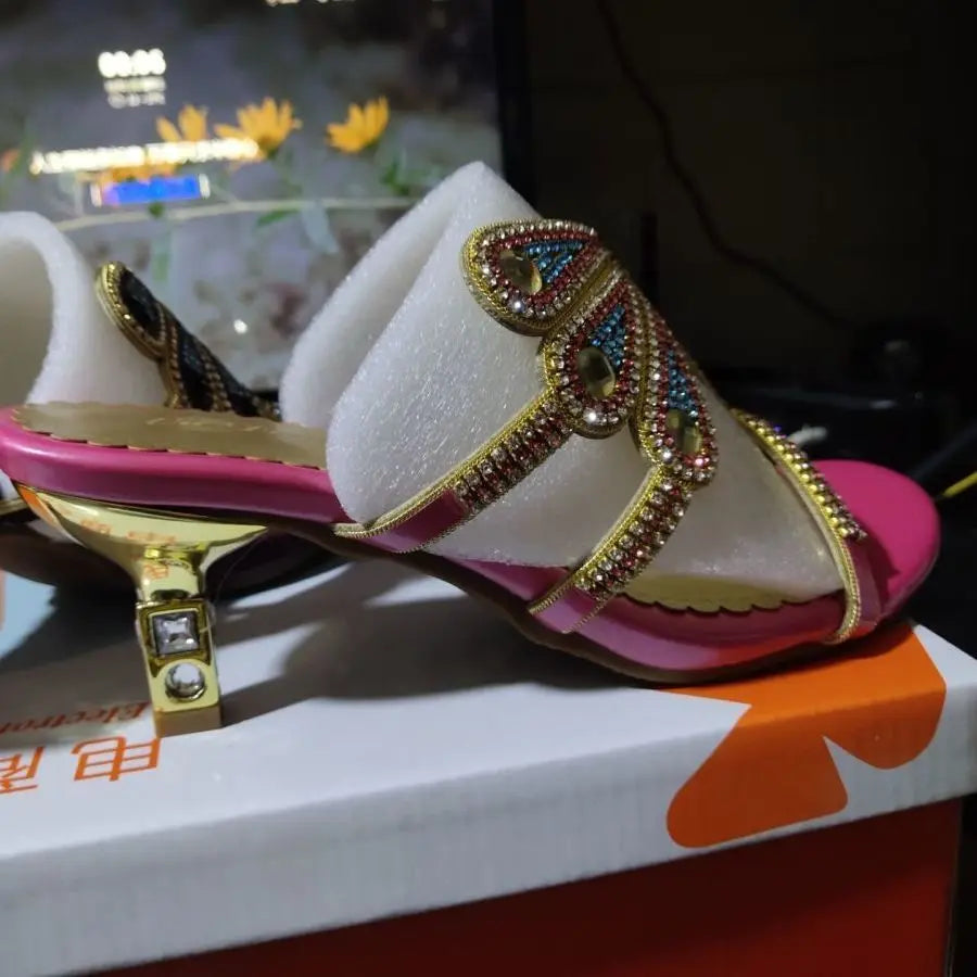 Summer Rhinestone Sandals Leather Glitter Women Open Toe Heels Party Zpaxo Rose red heel5cm 40(Foot 25cm) China Mainland