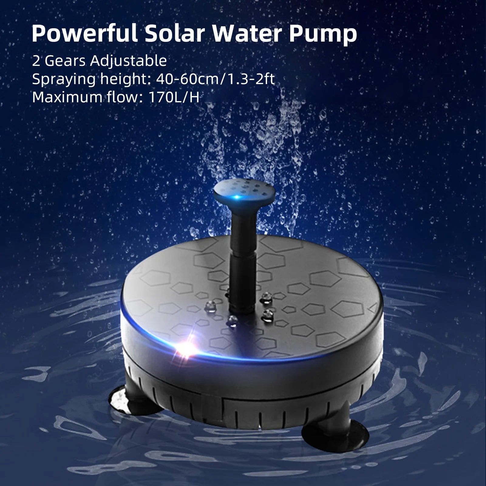 Solar Fountain Pump Solar Water Pump with 5 LED Color Light 7pcs Nozzle Kit 170L/H Max Flow 40-60cm Spray Height for Garden Pond Zpaxo