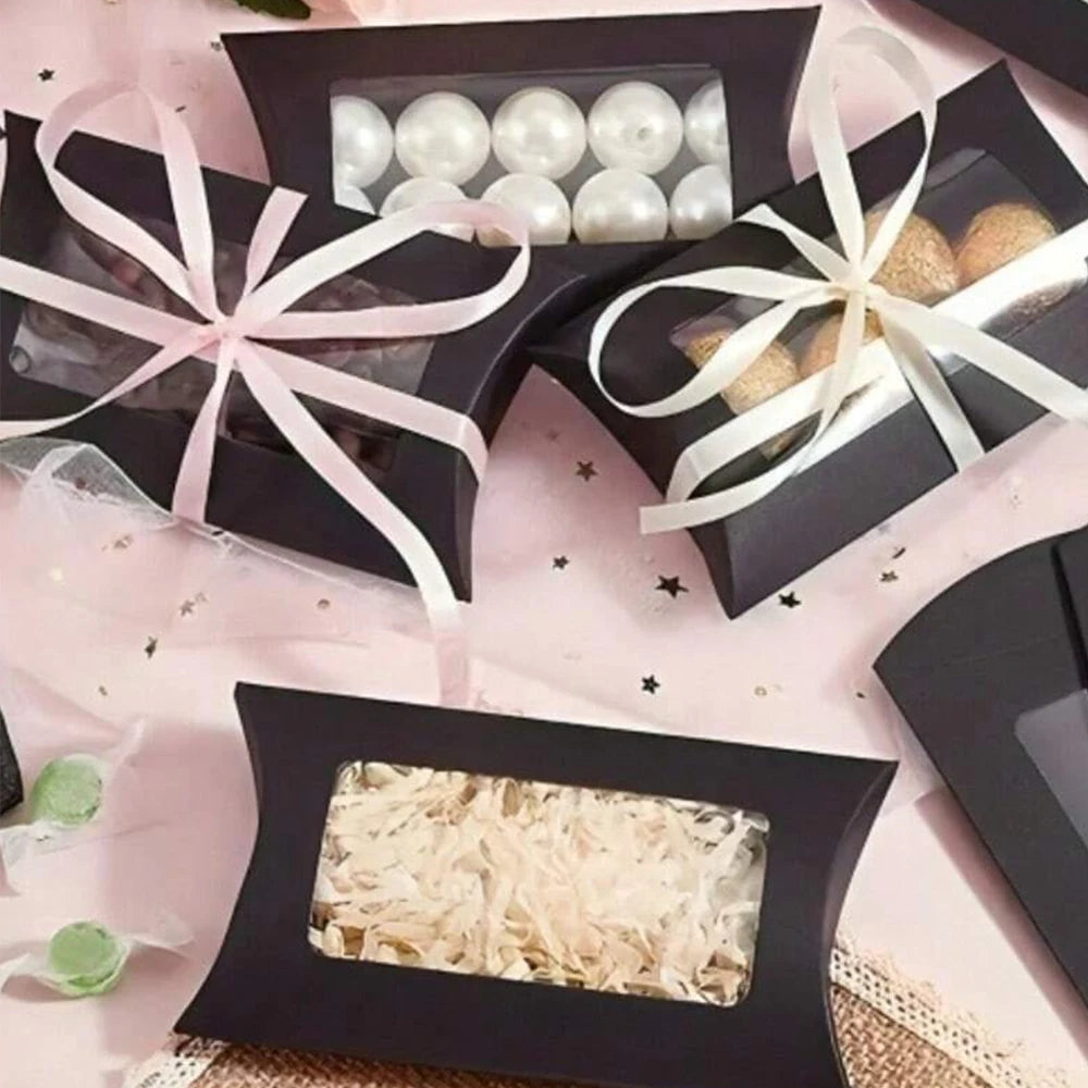 50Pcs Kraft Paper Pillow Box with Clear Window Party Favors Mini Pillow Packaging Box for Candy Chocolate Gift Jewelry Wedding Zpaxo