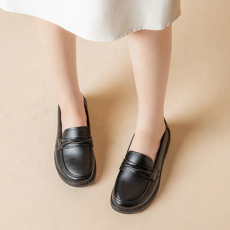 Black Leather Loafers Women Knot Detail Round Toe Non Slip Thick Sole Zpaxo