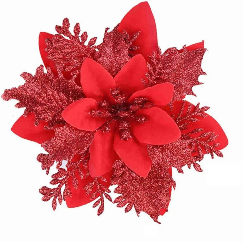 10-Pack Glitter Christmas Flower Ornaments – 14cm Snowflake Style Christmas Ornaments Zpaxo Red-10Pcs